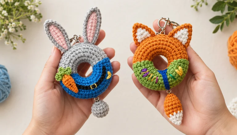 Finished bunny and fox donut keychain crochet pattern set held in hand