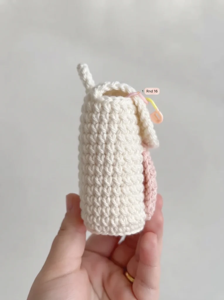Crochet bunny backpack body walls shown from the side