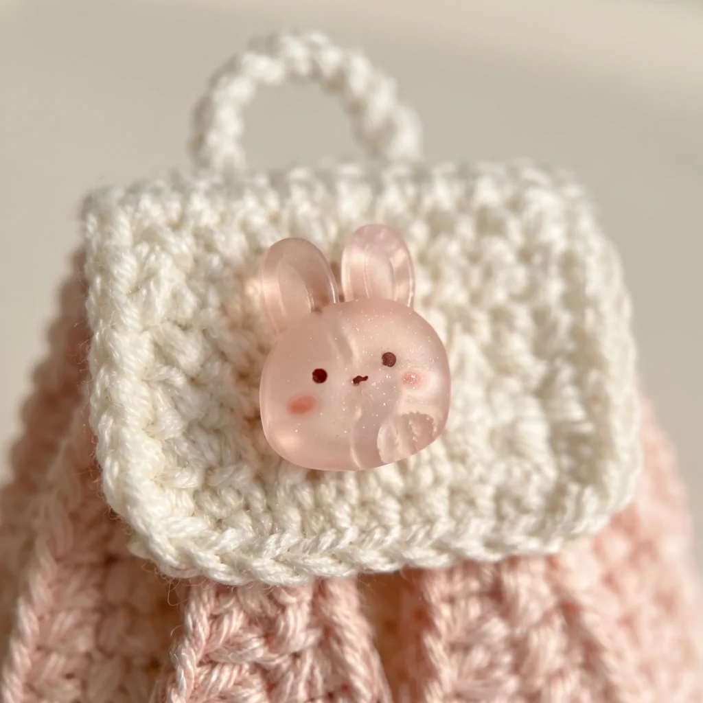 Crochet bunny backpack close-up of the pink bunny face button on the flap