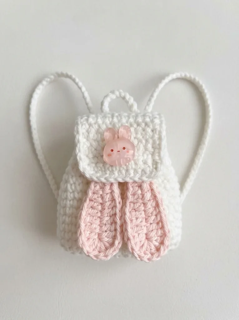 Finished crochet bunny backpack pattern shown from the front