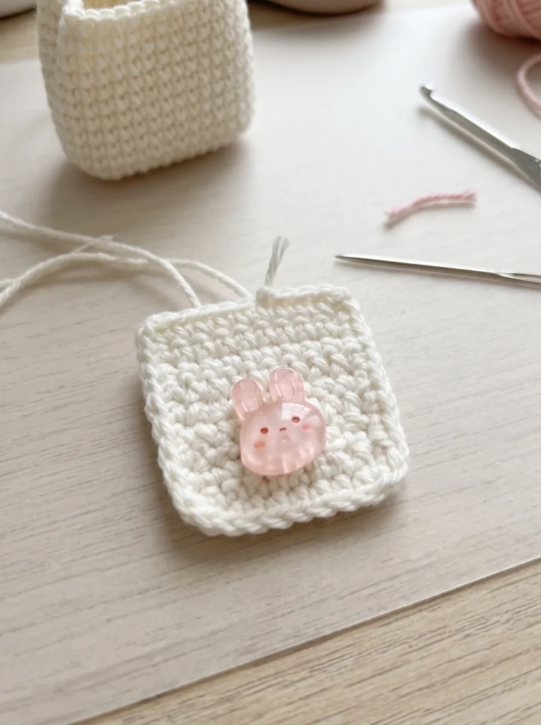 Crochet bunny backpack flap laid flat before attaching