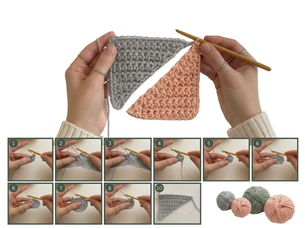 Crochet increases and decreases swatch tutorial showing triangle shaping with increase and decrease rows