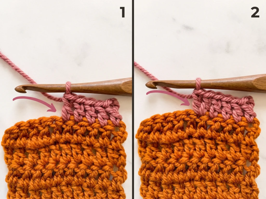 How to increase in crochet - double crochet increase worked step by step, steps 1 to 6
