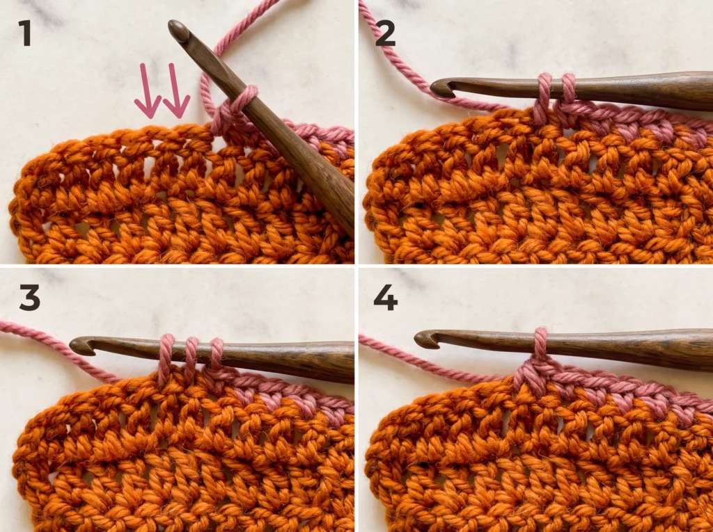 Crochet increase close-up - working two double crochet stitches into the same stitch
