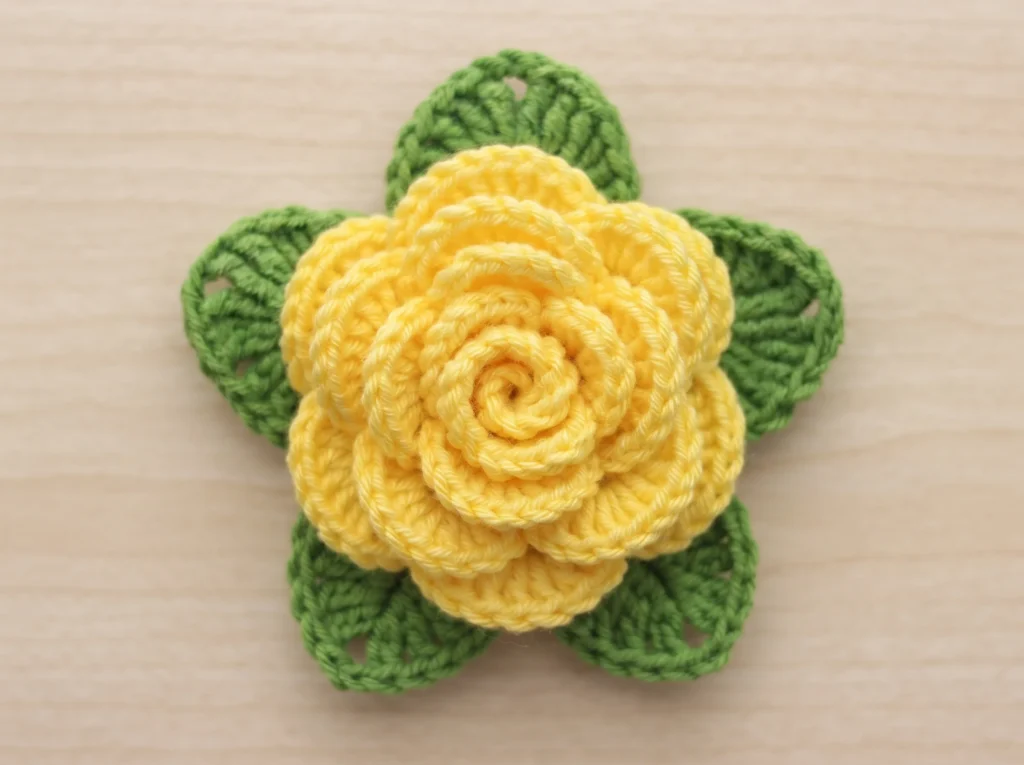 Finished 3d crochet rose, top-down view