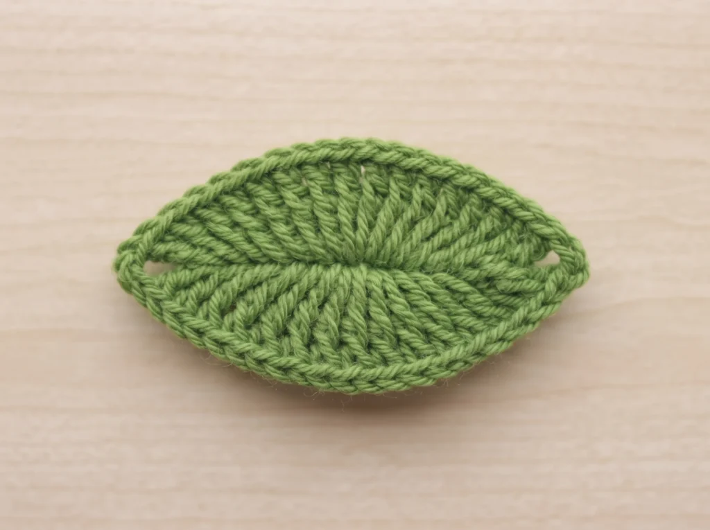 Crochet rose leaf showing both pointed ends