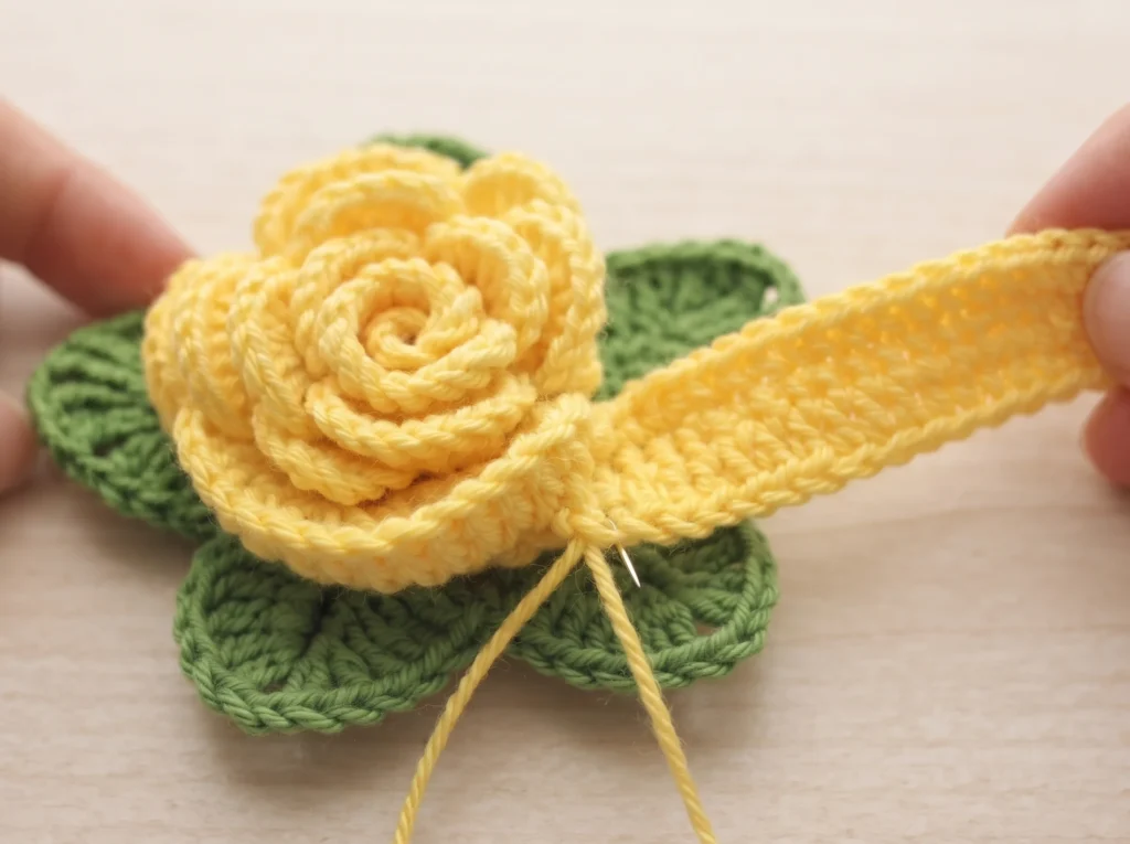 3d crochet rose mid-roll, ribbon partway coiled into shape
