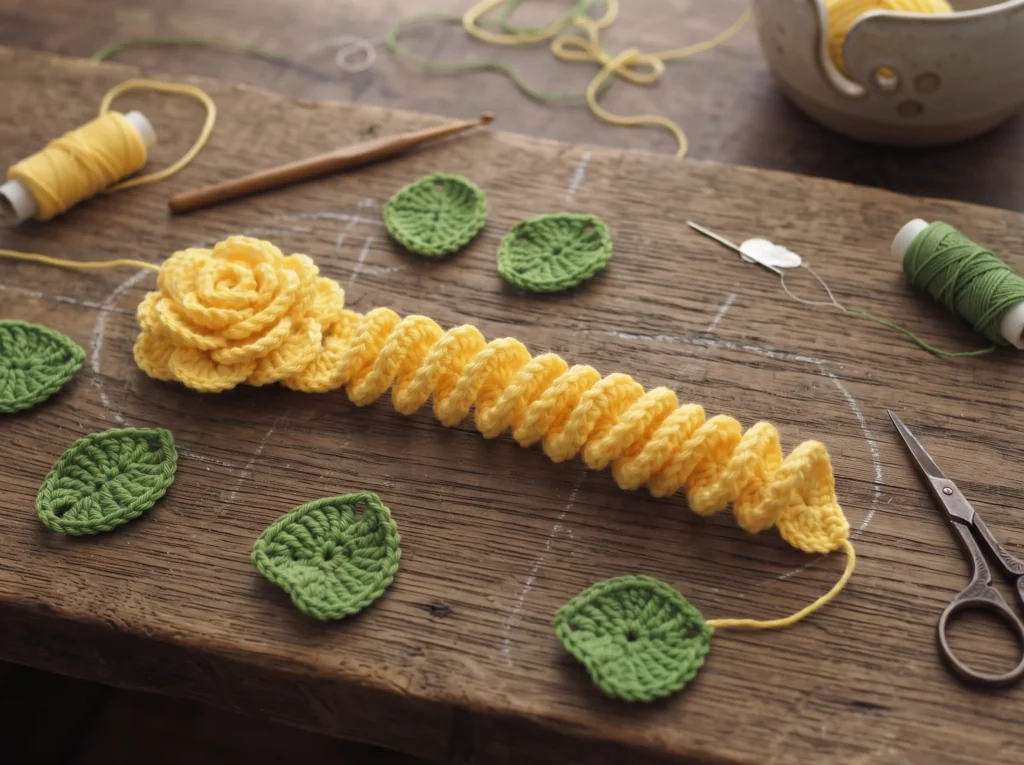 3d crochet rose petal ribbon laid flat before rolling