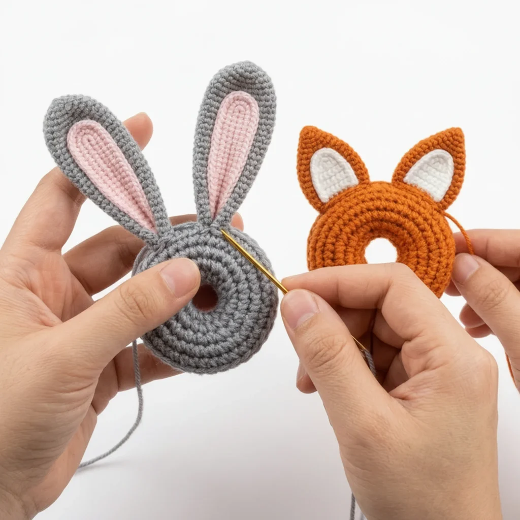 Sewing ears onto the donut keychain crochet pattern base