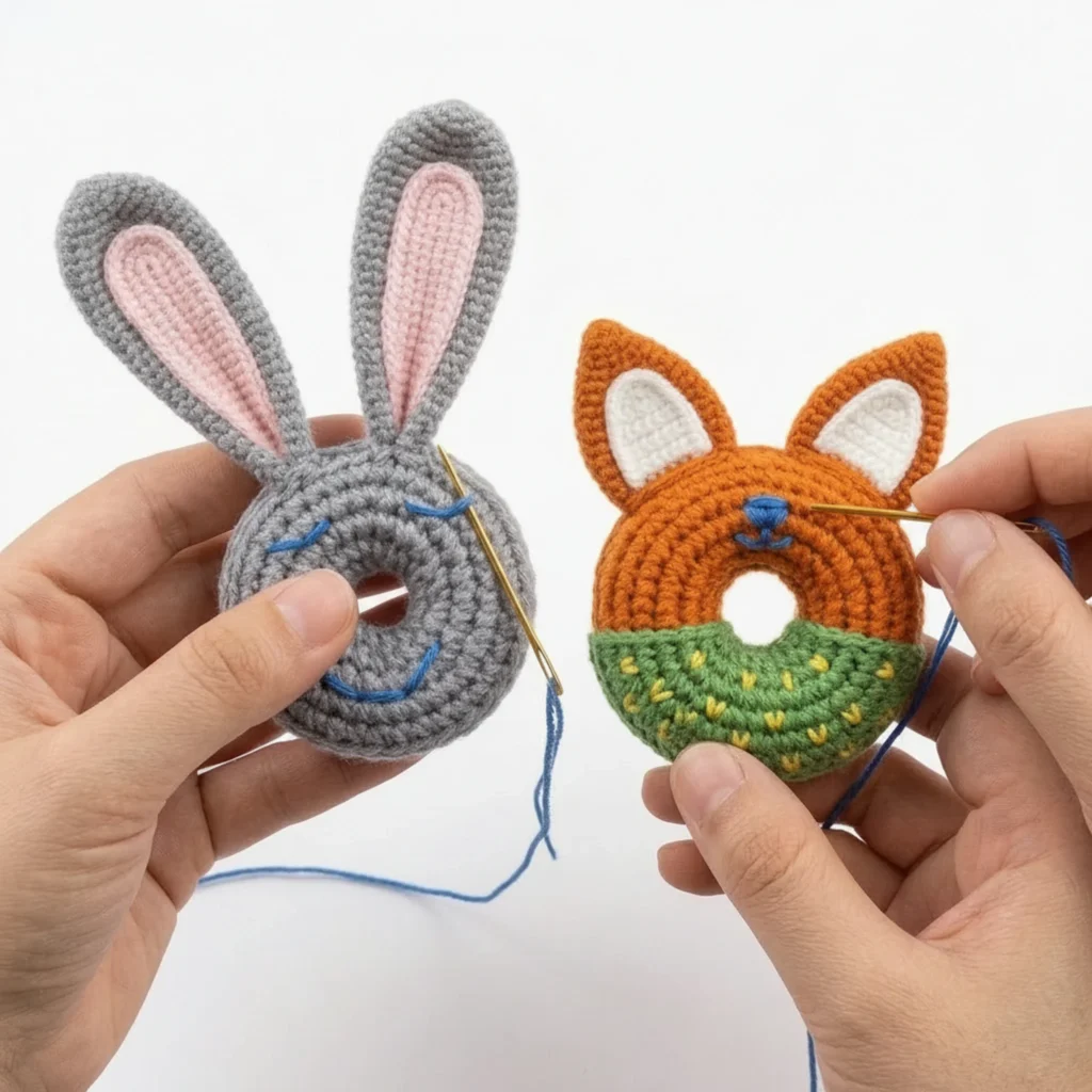 Embroidered face details on the donut keychain crochet pattern