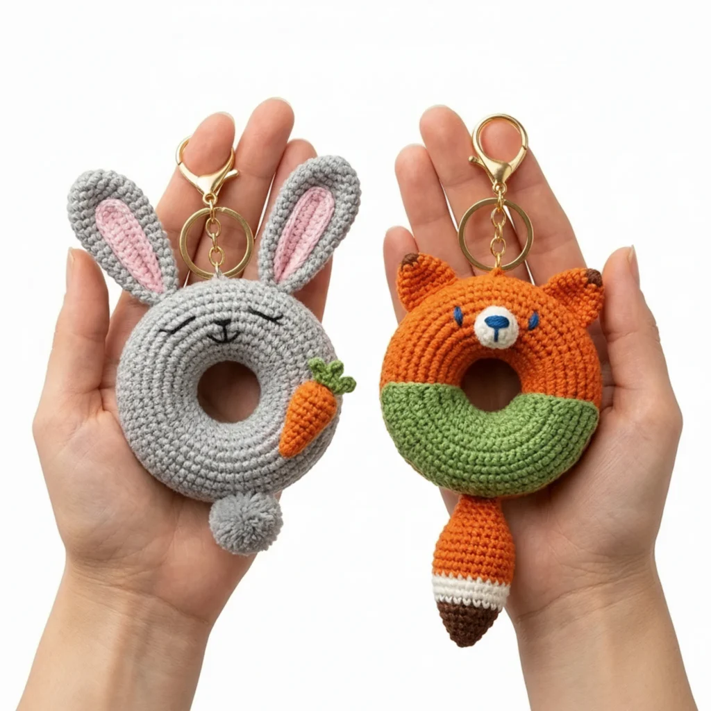 Finished bunny and fox donut keychain crochet pattern set held in hand