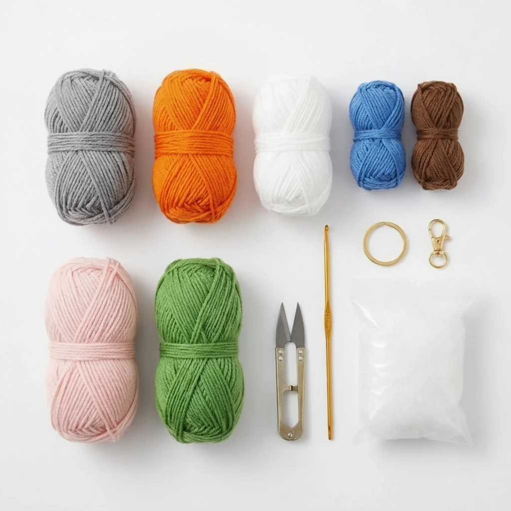 Donut keychain crochet pattern materials - yarn, hook, safety eyes, stuffing, keychain hardware