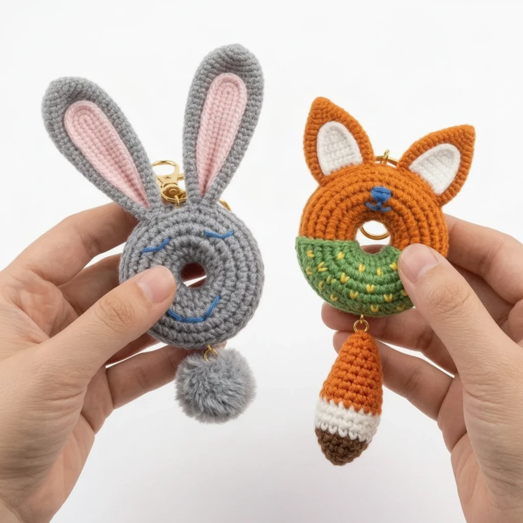 Attaching the tail and keyring hardware to the donut keychain crochet pattern