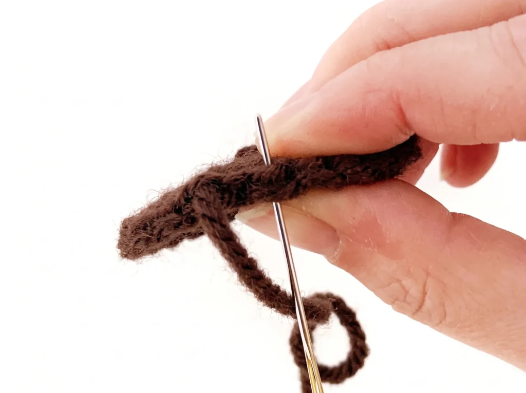Invisible fasten off in joined rounds step 3 - threading through the back loop and bar