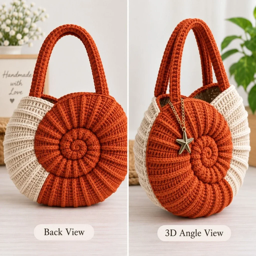 Spiral shell crochet handbag - 3D side angle view