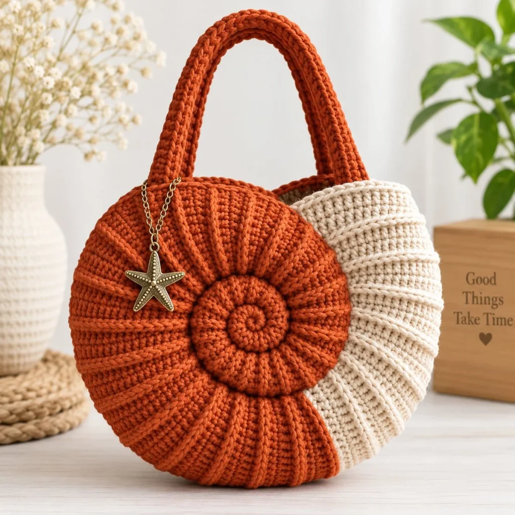 Spiral shell crochet handbag - finished front view