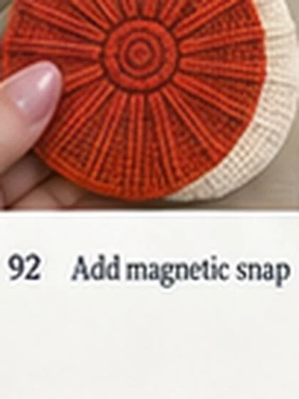 Spiral shell crochet handbag step 92: Optional: install reinforced magnetic snap.