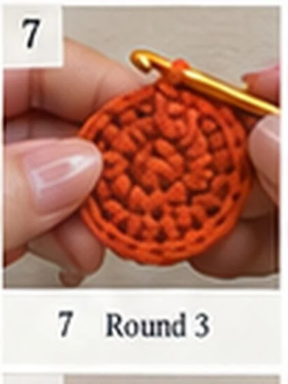 Spiral shell crochet handbag step 7: Round 3: (sc 1, inc) x 6. 18 sts.