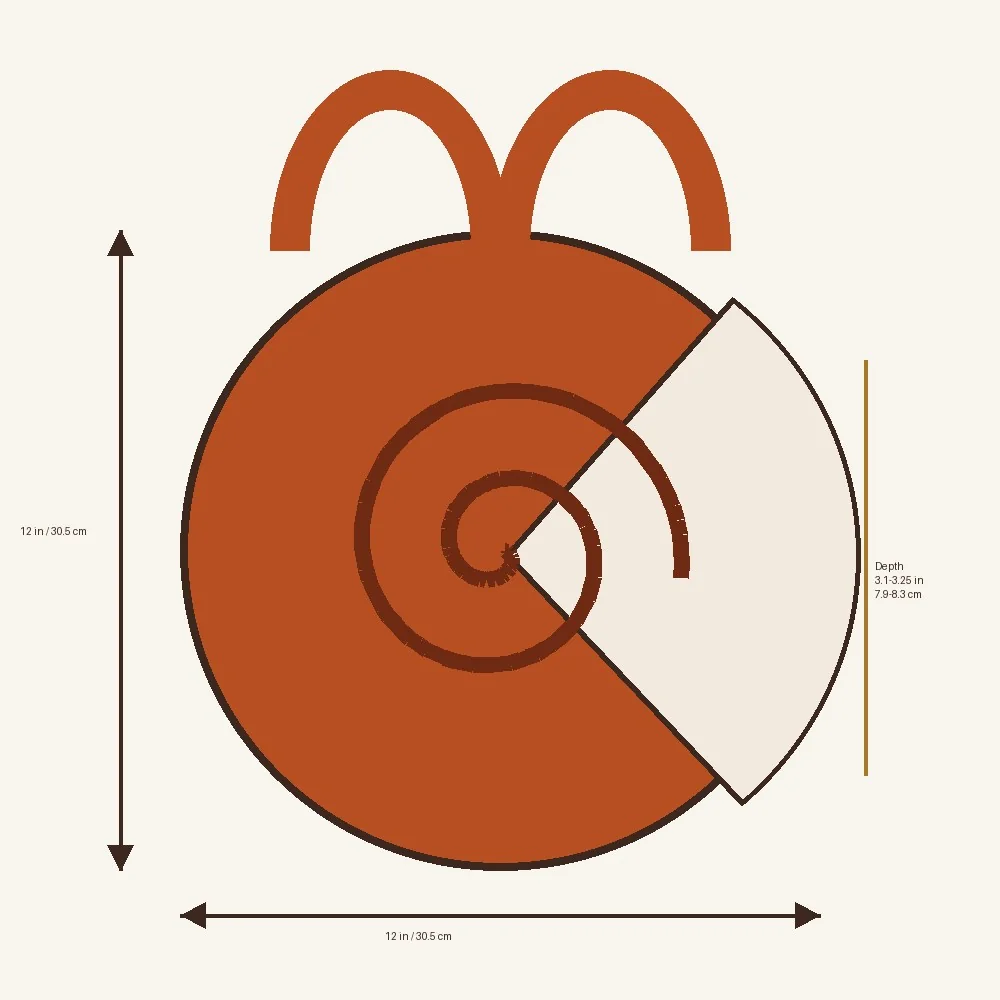 Spiral shell crochet handbag finished measurements diagram