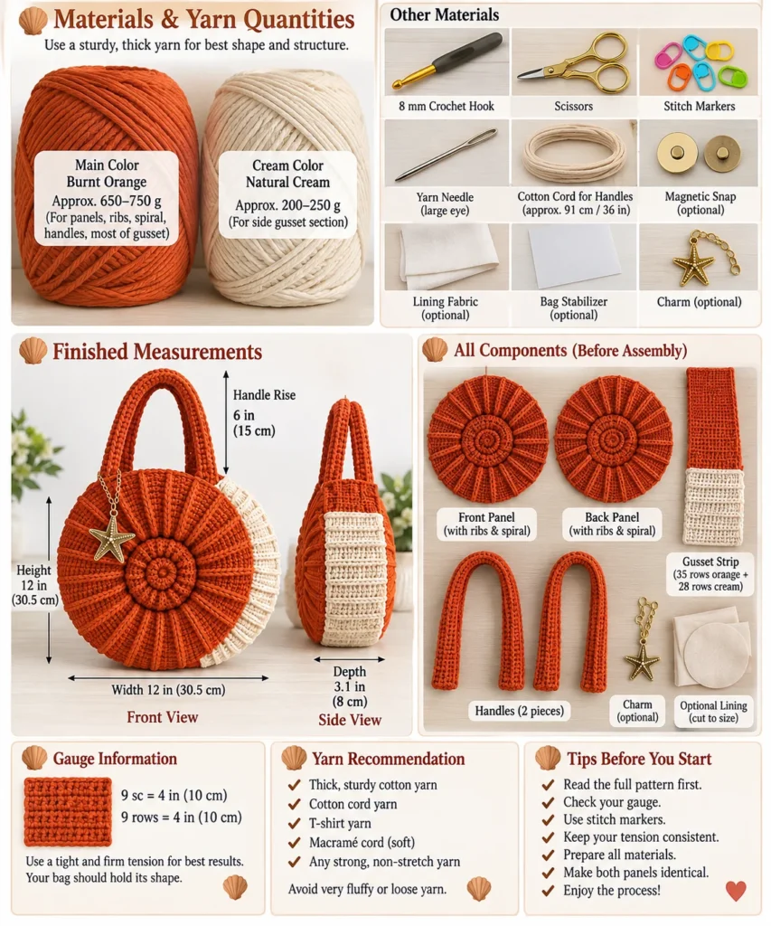 Spiral shell crochet handbag materials and yarn quantities