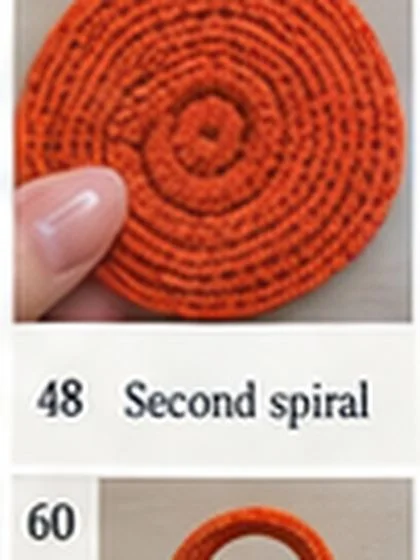 Spiral shell crochet handbag step 48: Place spiral over inner rib ends.