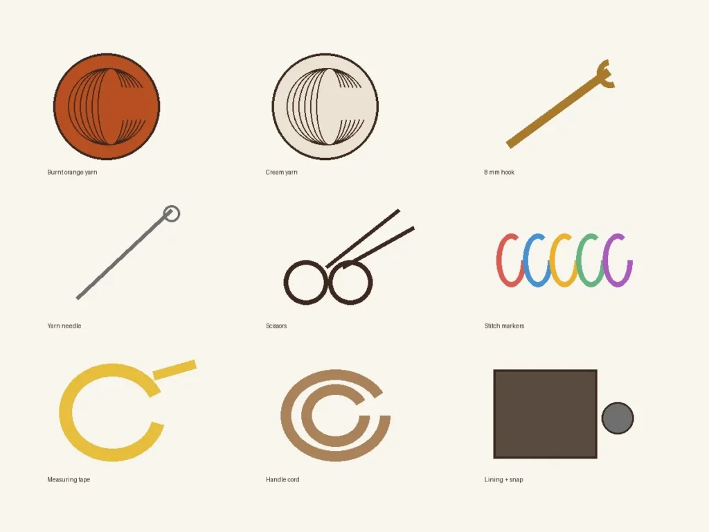 Spiral shell crochet handbag tools and materials icons