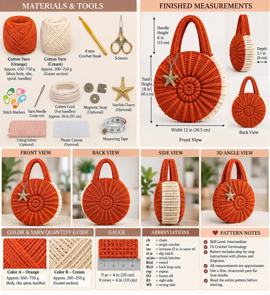 Spiral shell crochet handbag overview - views, materials, gauge and pattern notes