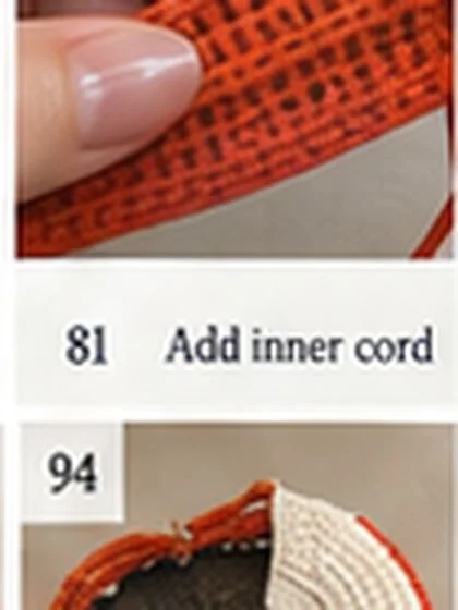 Spiral shell crochet handbag step 82: Insert flexible cotton cord core.