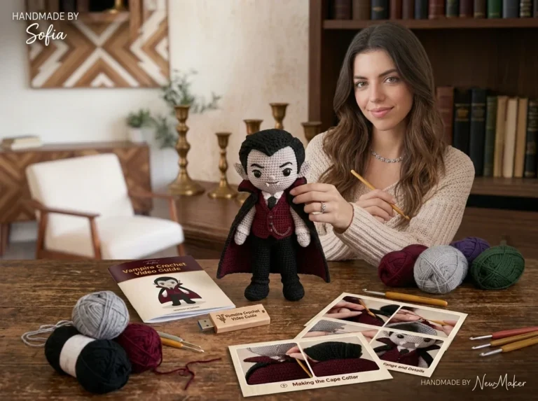 Handmade vampire crochet doll amigurumi with cape, yarn, and video guide - free pattern by Sofia at Loop and Twine