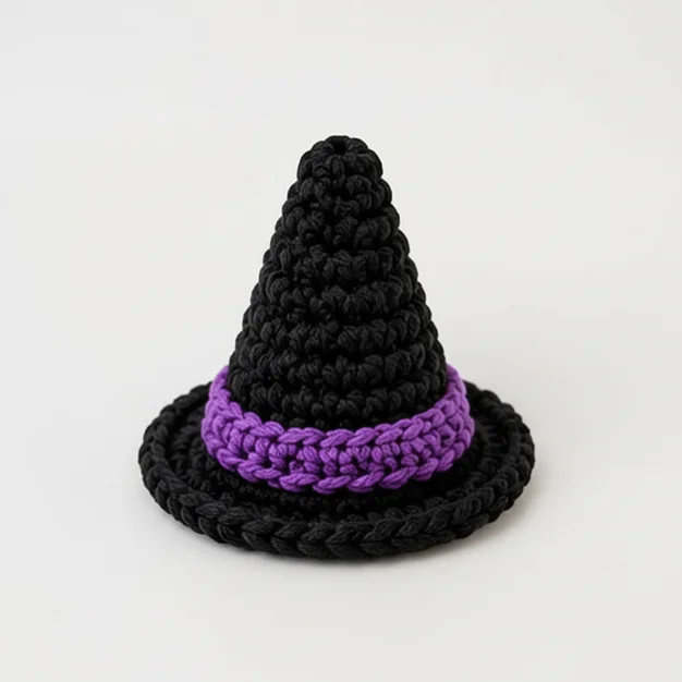 The purple brim band attached to the black cone of the crochet witch hat pattern