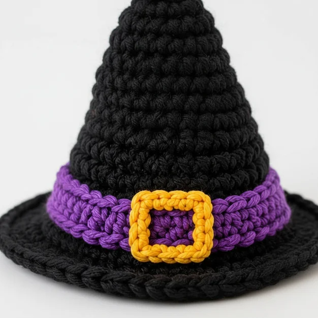 Close-up of the gold buckle sewn onto the crochet witch hat pattern's band