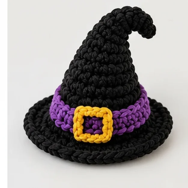Finished crochet witch hat pattern with black cone, purple band, and gold buckle