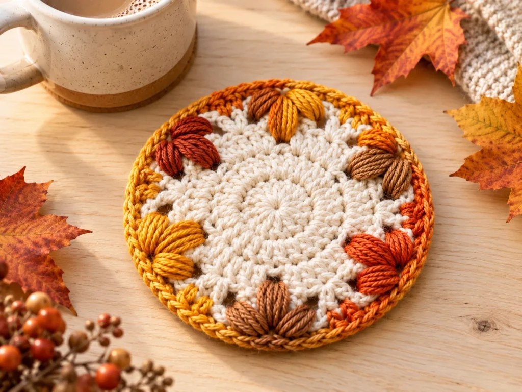 Round cream crochet coaster decorated with six raised autumn leaf motifs in warm orange, mustard and brown yarn