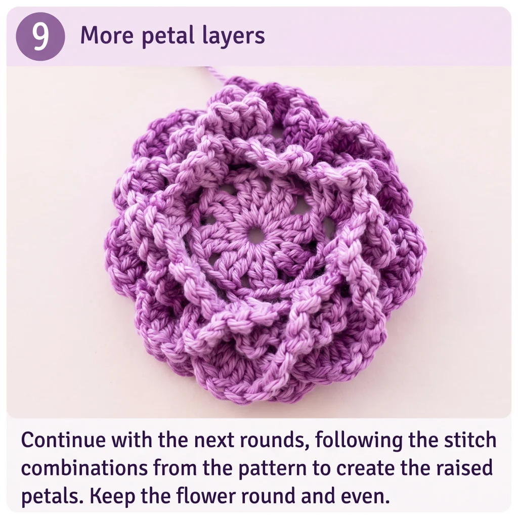 Step 5-7: Build the Layered Petals — How to Crochet a Layered Flower (Free Step-by-Step Tutorial)