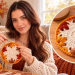 Cream crochet coaster with six raised autumn-colored leaf motifs around the edge