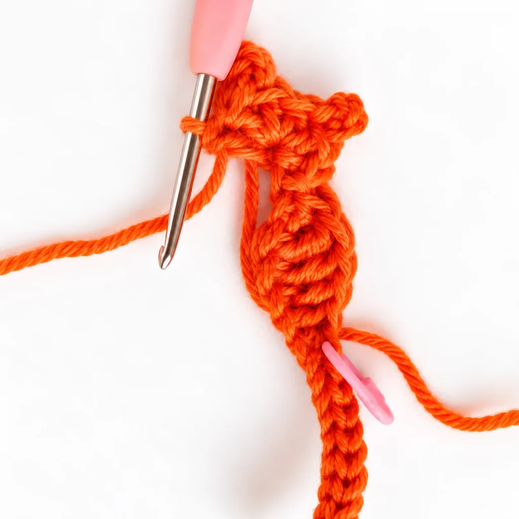 Orange crochet cat applique in progress showing the first side of the body shaped with different stitch heights.