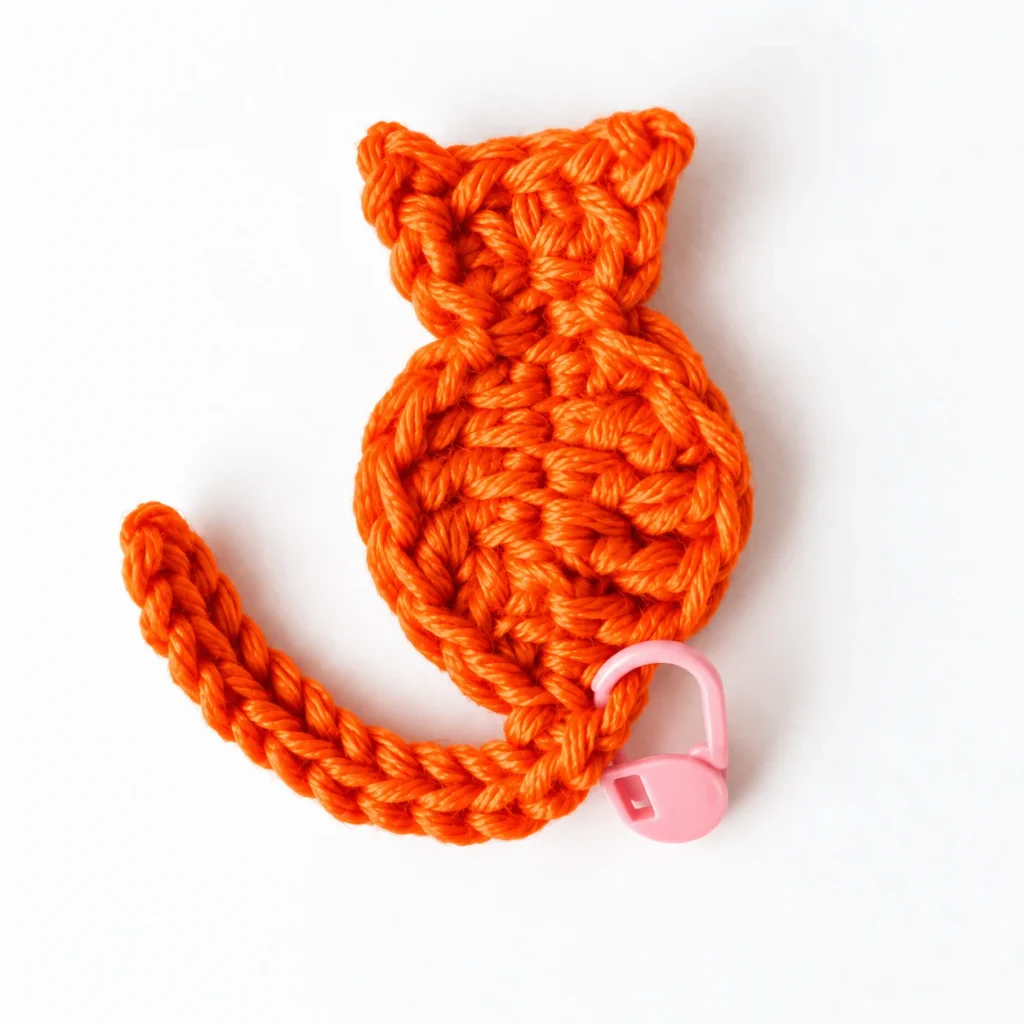 Orange crochet cat applique being finished with a metal yarn needle to secure and weave in loose yarn ends.