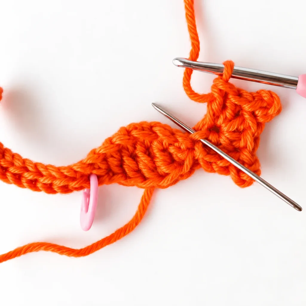 Close-up of the orange crochet cat head with two chain-three ears worked using a pink-handled crochet hook.