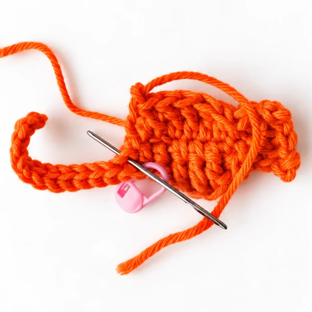 Orange crochet cat applique showing work along the opposite side of the foundation chain to complete the body.