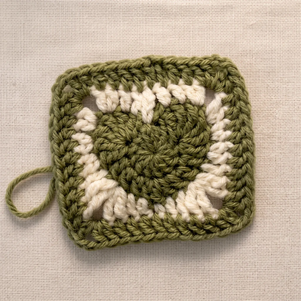 Finished heart granny square, close-up of the heart center