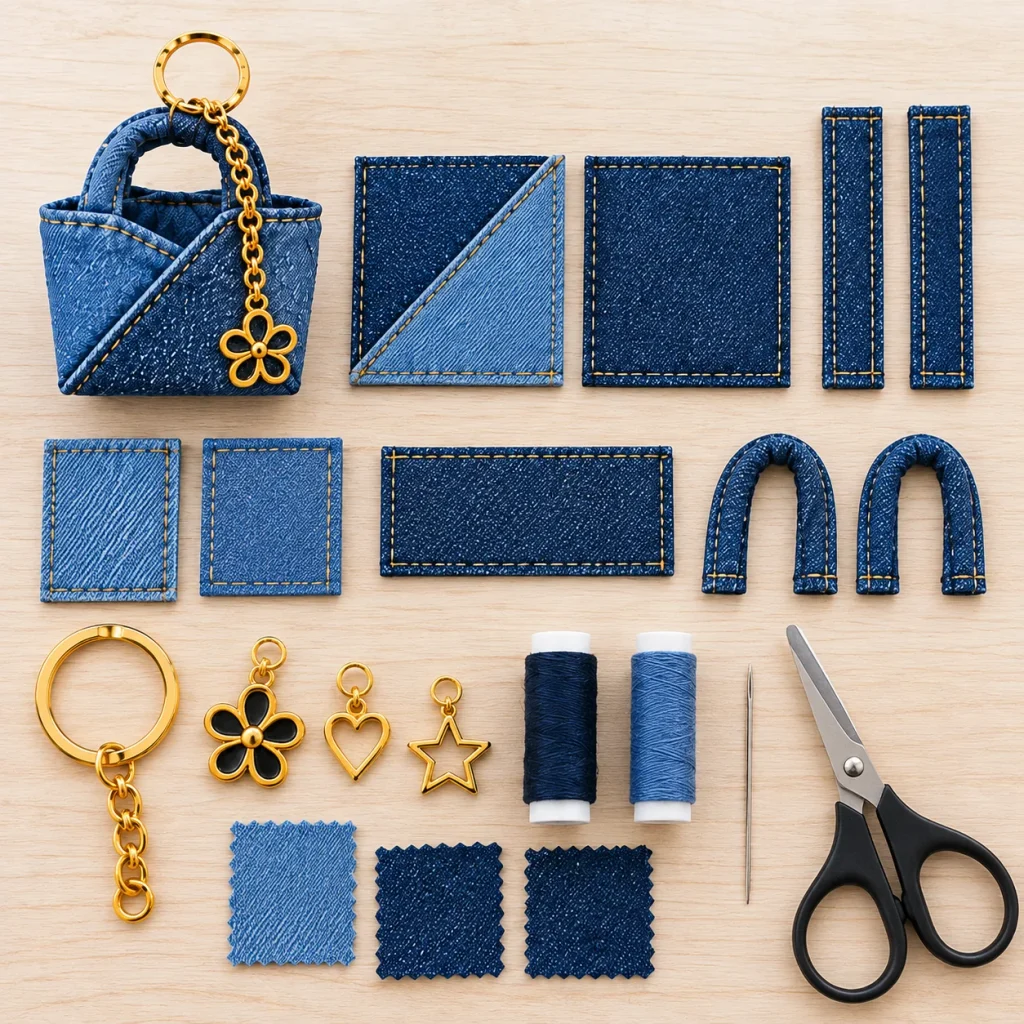 Gathering Materials for Your Mini Denim Bag Keychain — Craft an Adorable Mini Denim Bag Keychain