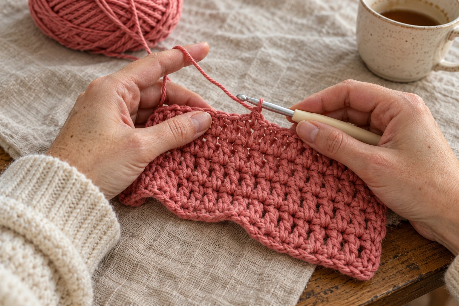 Crochet supplies: dusty rose yarn, cream-handled hook, scissors, and linen surface.