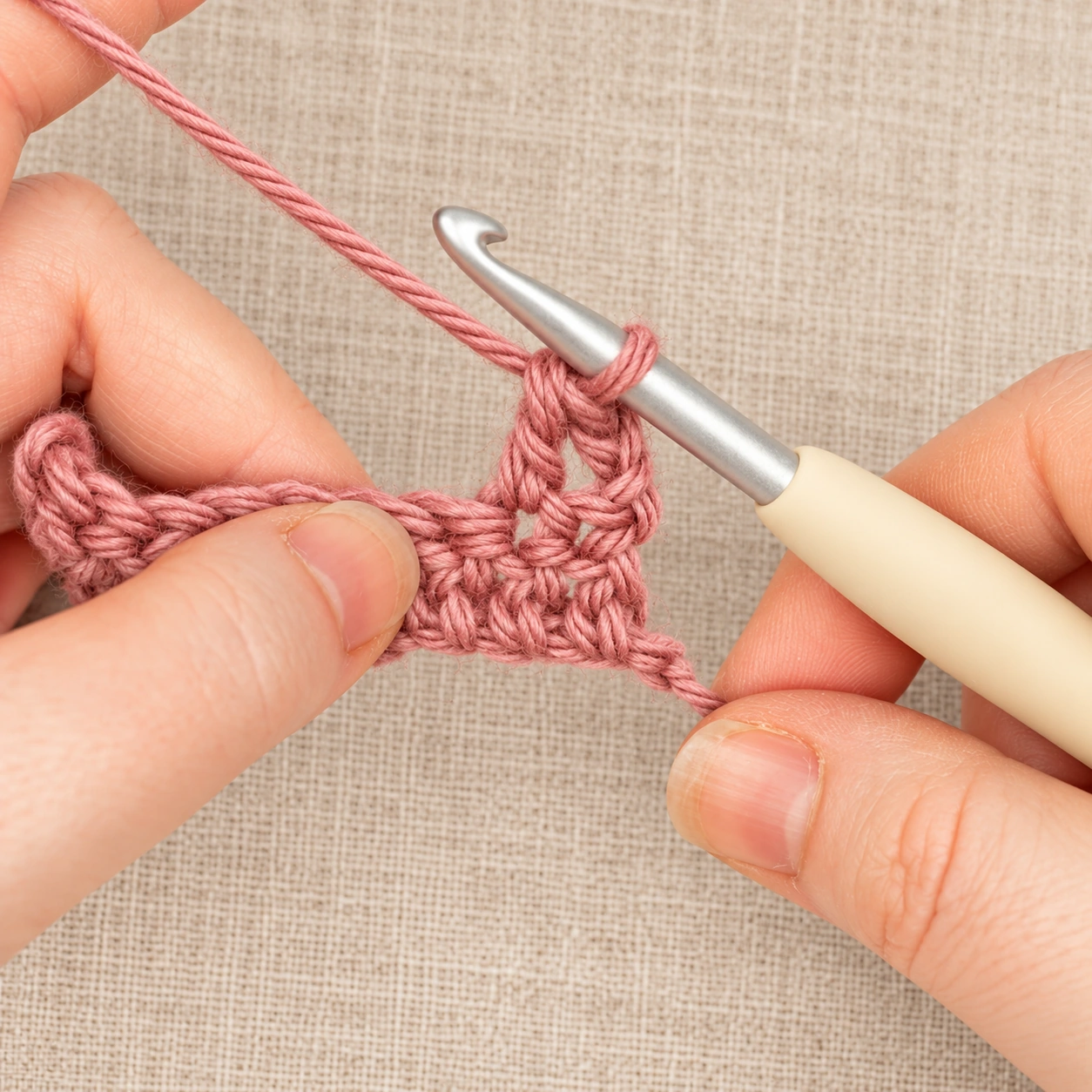 Completed Double Crochet at the beginning of the second row beside the turning chain.