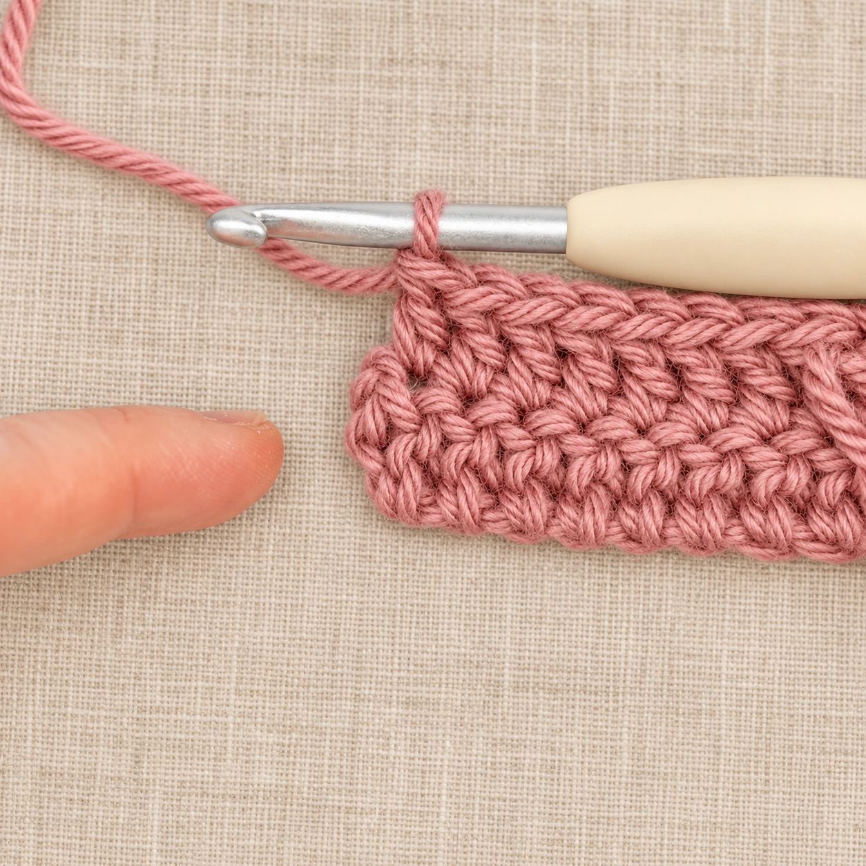 Finger pointing to the turning-chain area at the edge of dusty rose crochet fabric.