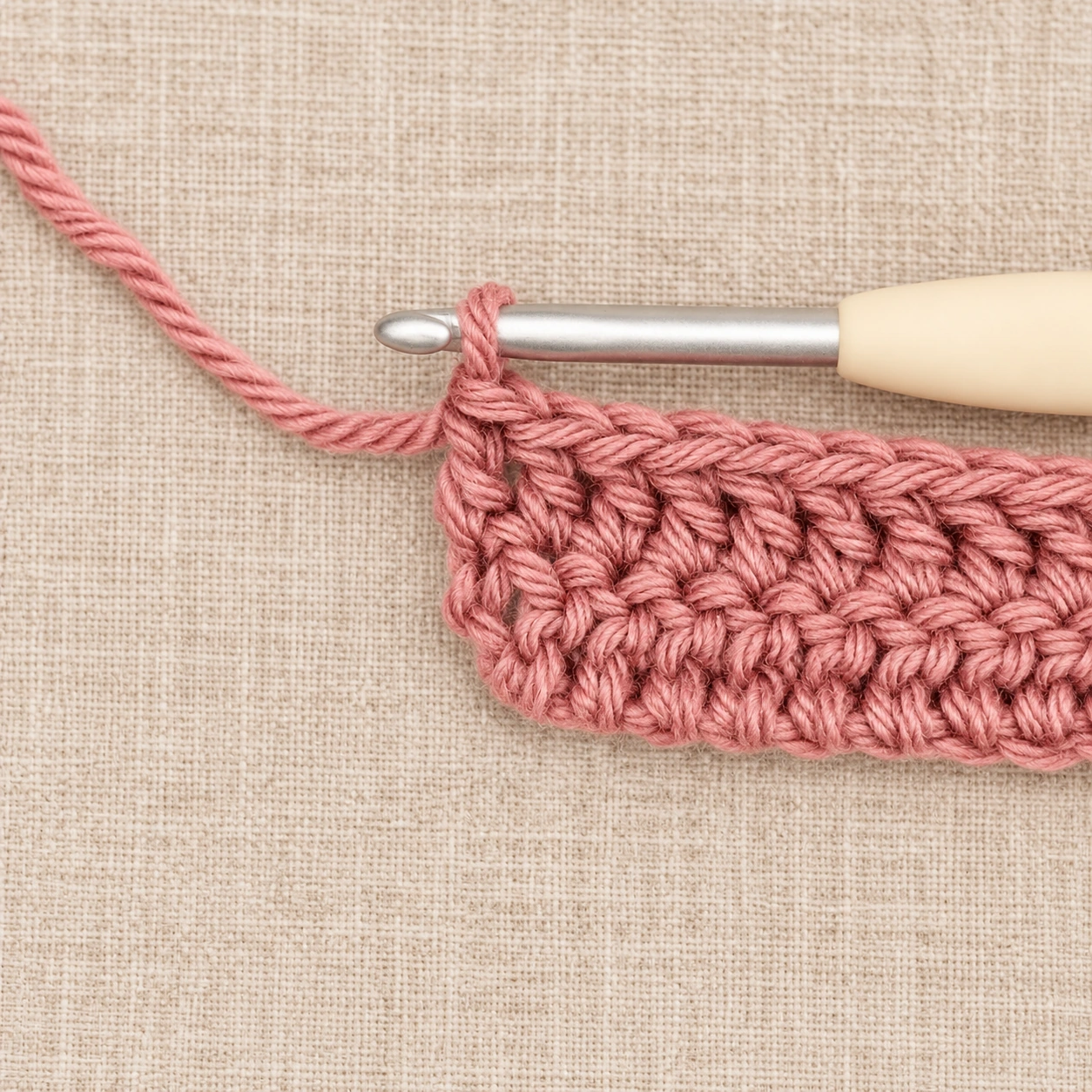 Two completed rows of dusty rose Double Crochet with one active loop on the hook.