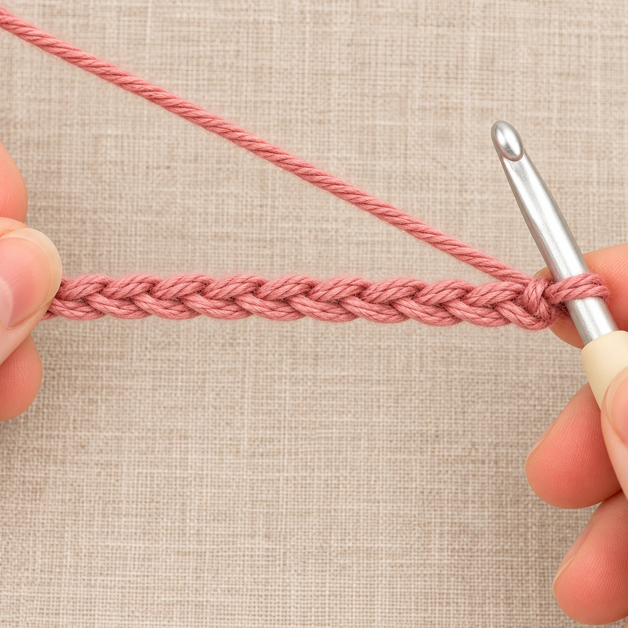 Dusty rose foundation chain held horizontally with one live loop on a cream-handled hook.