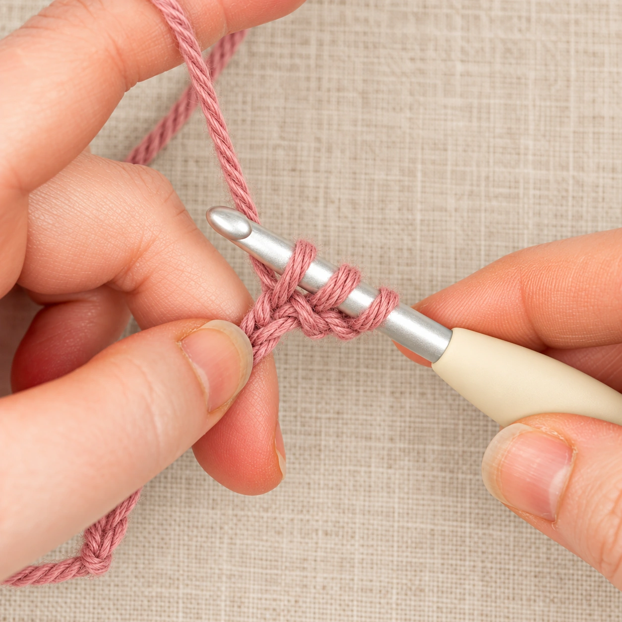 Three dusty rose loops on the hook after drawing up a loop for Double Crochet.