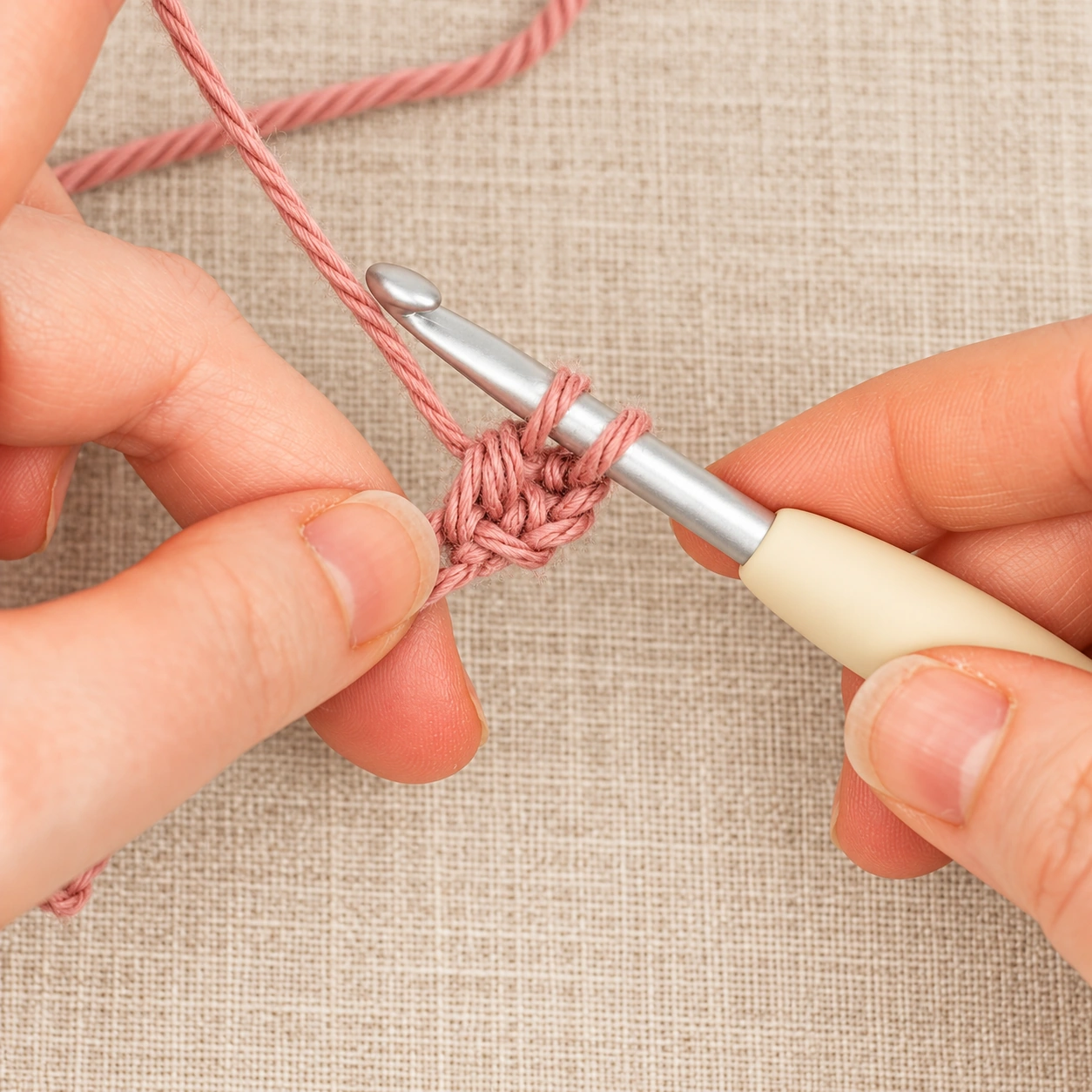 Two dusty rose loops remaining on the hook after the first pull-through-two.