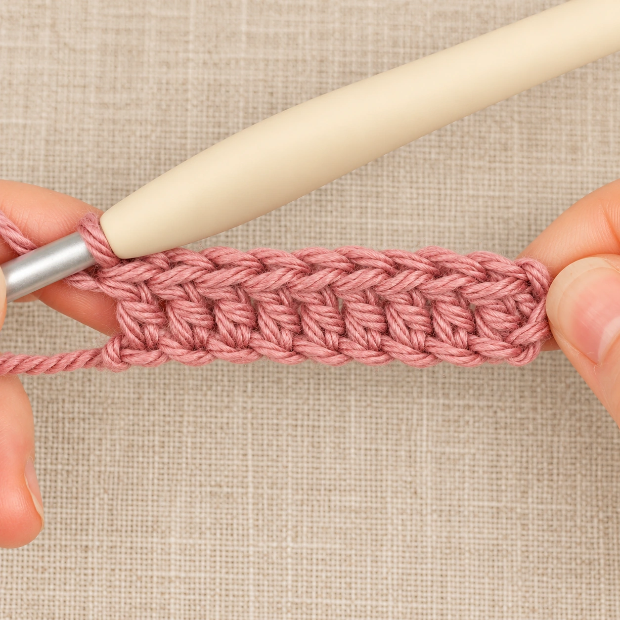 One completed row of dusty rose Double Crochet with its top loops visible.