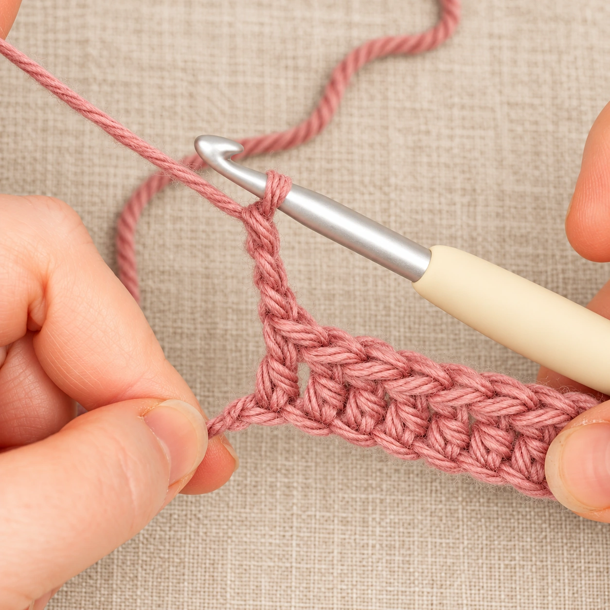 Dusty rose turning chain rising from the end of a Double Crochet row.